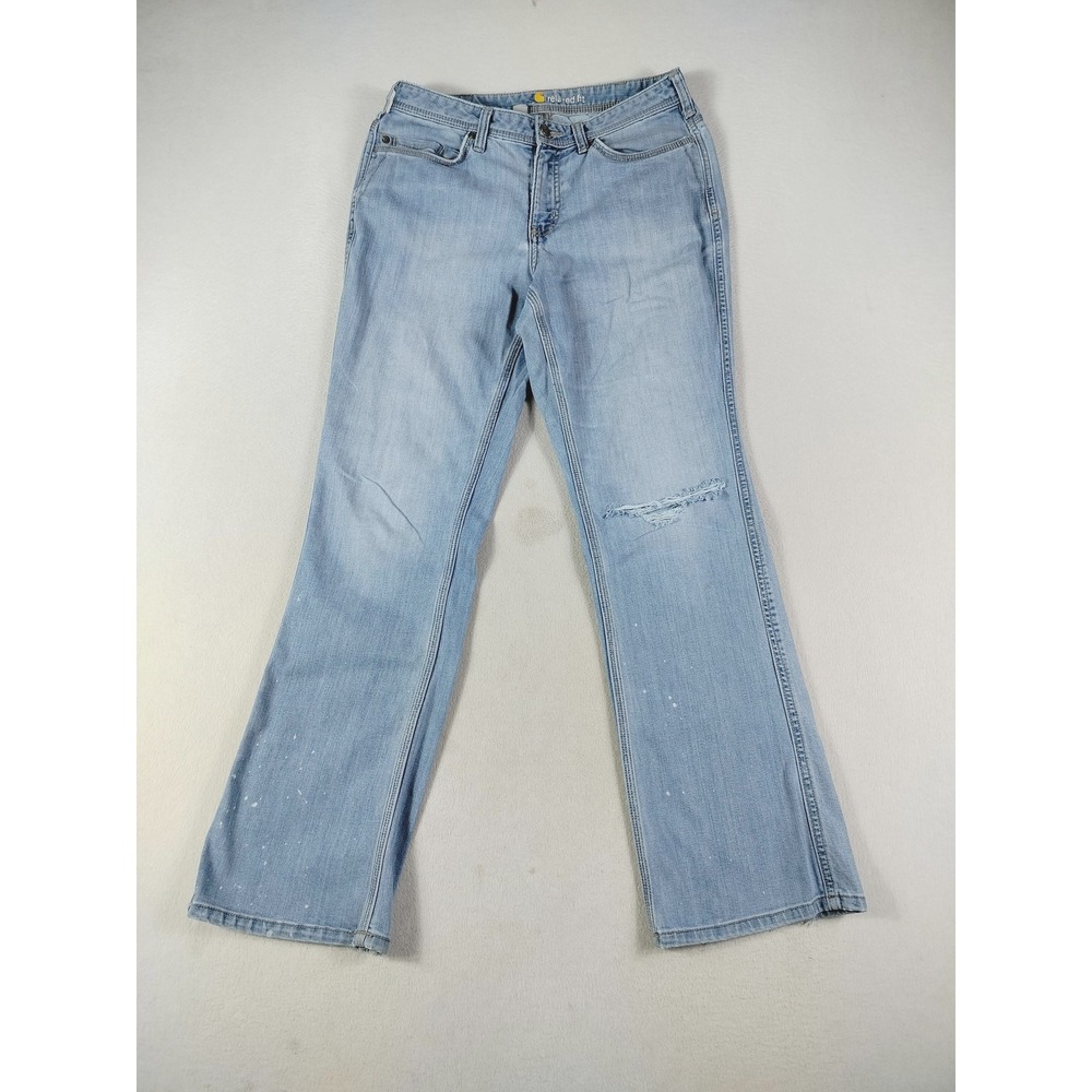 Carhartt Jasper Jeans Womens 8 Blue Thrashed Distressed‎ Paint Splatter Grunge